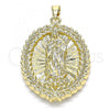 Oro Laminado Religious Pendant, Gold Filled Style Guadalupe and Leaf Design, Polished, Golden Finish, 05.213.0093