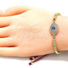 Oro Laminado Adjustable Bolo Bracelet, Gold Filled Style Evil Eye and Ball Design, with White Micro Pave, Blue Enamel Finish, Golden Finish, 03.341.0104.11