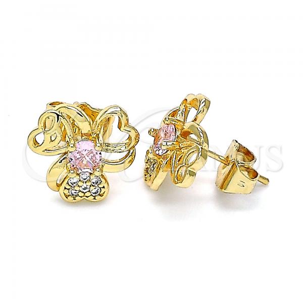 Oro Laminado Stud Earring, Gold Filled Style Heart Design, with Pink Cubic Zirconia and White Micro Pave, Polished, Golden Finish, 02.387.0078