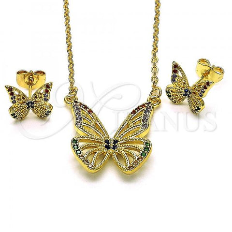 Oro Laminado Earring and Pendant Adult Set, Gold Filled Style Butterfly and Rolo Design, with Multicolor Micro Pave, Polished, Golden Finish, 10.196.0074.1