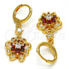 Oro Laminado Long Earring, Gold Filled Style Butterfly and Flower Design, with Garnet and White Cubic Zirconia, Polished, Golden Finish, 02.206.0029