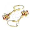 Oro Laminado Long Earring, Gold Filled Style Flower Design, with Multicolor Cubic Zirconia, Polished, Golden Finish, 02.387.0050.1