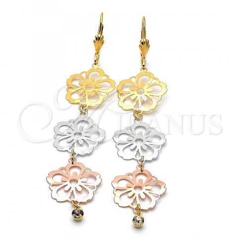 Oro Laminado Long Earring, Gold Filled Style Flower Design, with White Cubic Zirconia, Polished, Tricolor, 5.090.007