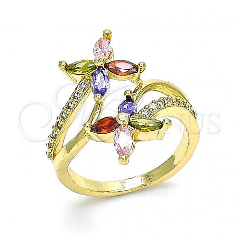 Oro Laminado Multi Stone Ring, Gold Filled Style Flower Design, with Multicolor Cubic Zirconia and White Micro Pave, Polished, Golden Finish, 01.210.0139.08