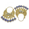 Oro Laminado Long Earring, Gold Filled Style Elephant and Evil Eye Design, with White and Black Crystal, Blue Resin Finish, Golden Finish, 02.380.0103.1