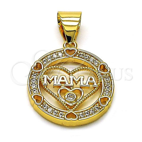 Oro Laminado Fancy Pendant, Gold Filled Style Mom and Heart Design, with White Micro Pave and White Cubic Zirconia, Polished, Golden Finish, 05.342.0201