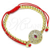 Oro Laminado Adjustable Bolo Bracelet, Gold Filled Style Ball and Evil Eye Design, with Multicolor Micro Pave and Ruby Cubic Zirconia, Polished, Golden Finish, 03.341.0102.11
