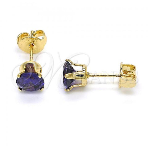Oro Laminado Stud Earring, Gold Filled Style with Dark Violet Cubic Zirconia, Polished, Golden Finish, 5.128.044.2