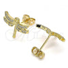 Oro Laminado Stud Earring, Gold Filled Style Dragon-Fly Design, with White Micro Pave, Polished, Golden Finish, 02.342.0072