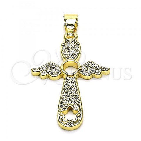 Oro Laminado Religious Pendant, Gold Filled Style Cross and Wings Design, with White Micro Pave, Polished, Golden Finish, 05.102.0053