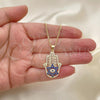Oro Laminado Pendant Necklace, Gold Filled Style Hand of God and Star of David Design, with Sapphire Blue and White Micro Pave, Polished, Golden Finish, 04.156.0210.20