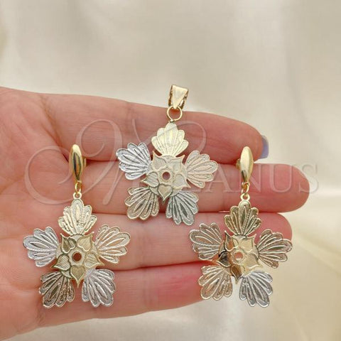 Oro Laminado Earring and Pendant Adult Set, Gold Filled Style Flower Design, Tricolor, 5.048.007