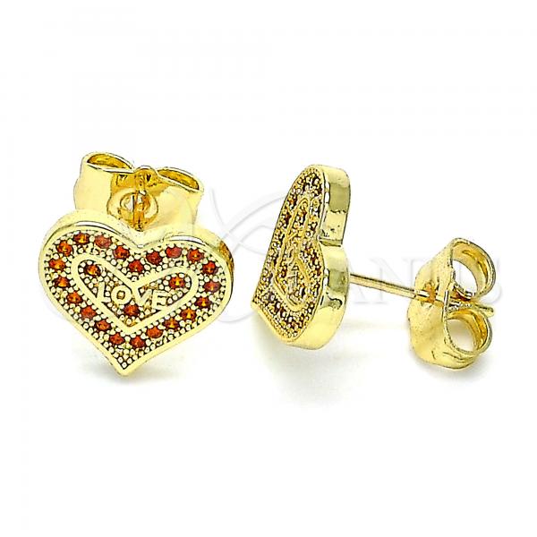 Oro Laminado Stud Earring, Gold Filled Style Heart and Love Design, with Garnet Micro Pave, Polished, Golden Finish, 02.156.0626.1