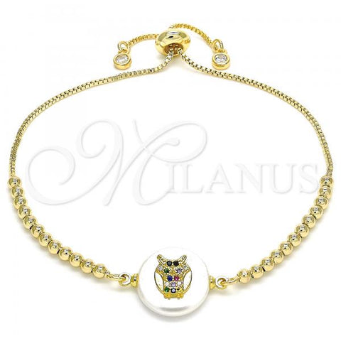 Oro Laminado Adjustable Bolo Bracelet, Gold Filled Style Owl Design, with Multicolor Cubic Zirconia, Polished, Golden Finish, 03.63.2107.10