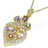 Oro Laminado Pendant Necklace, Gold Filled Style Heart and Teardrop Design, with Multicolor Cubic Zirconia, Polished, Golden Finish, 04.283.0026.2.20