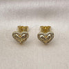 Oro Laminado Stud Earring, Gold Filled Style Heart Design, with White Micro Pave, Diamond Cutting Finish, Golden Finish, 02.156.0704