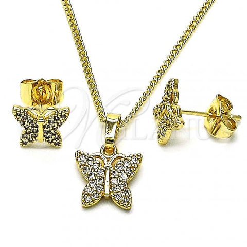 Oro Laminado Earring and Pendant Adult Set, Gold Filled Style Butterfly Design, with White Micro Pave, Polished, Golden Finish, 10.284.0025