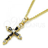Oro Laminado Pendant Necklace, Gold Filled Style Cross Design, with Black and White Cubic Zirconia, Polished, Golden Finish, 04.284.0009.2.20