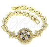 Oro Laminado Fancy Bracelet, Gold Filled Style Flower and Leaf Design, with Black and White Cubic Zirconia, Polished, Golden Finish, 03.210.0129.1.08