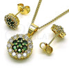 Oro Laminado Earring and Pendant Adult Set, Gold Filled Style with Green and White Cubic Zirconia, Polished, Golden Finish, 10.344.0009.4