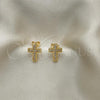 Oro Laminado Stud Earring, Gold Filled Style Cross Design, with White Micro Pave, Polished, Golden Finish, 02.342.0259