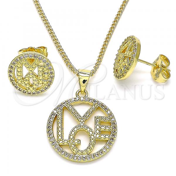 Oro Laminado Earring and Pendant Adult Set, Gold Filled Style Love Design, with White Micro Pave, Polished, Golden Finish, 10.156.0357