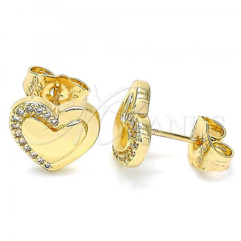 Oro Laminado Stud Earring, Gold Filled Style Heart Design, with White Micro Pave, Polished, Golden Finish, 02.156.0495