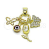 Oro Laminado Fancy Pendant, Gold Filled Style Butterfly and Flower Design, with White Cubic Zirconia and Garnet Crystal, Polished, Golden Finish, 05.213.0171