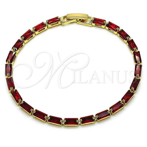 Oro Laminado Tennis Bracelet, Gold Filled Style Baguette Design, with Garnet Cubic Zirconia, Polished, Golden Finish, 03.283.0354.2.07