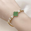 Oro Laminado Fancy Bracelet, Gold Filled Style Four-leaf Clover and Baguette Design, with Green Mother of Pearl and White Cubic Zirconia, Polished, Golden Finish, 03.283.0415.3.07