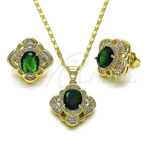 Oro Laminado Earring and Pendant Adult Set, Gold Filled Style Cluster and Baguette Design, with Green and White Cubic Zirconia, Polished, Golden Finish, 10.284.0045.1