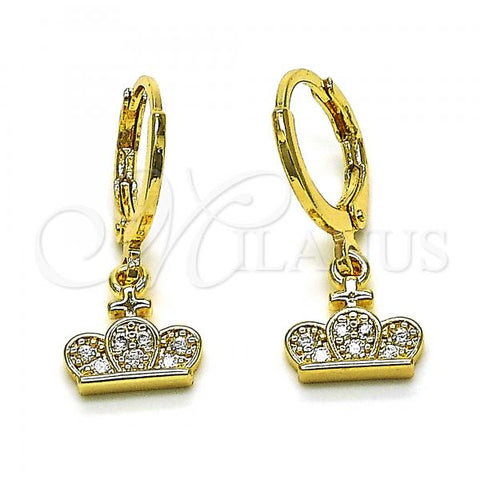 Oro Laminado Dangle Earring, Gold Filled Style Crown and Cross Design, with White Micro Pave, Polished, Golden Finish, 02.253.0063