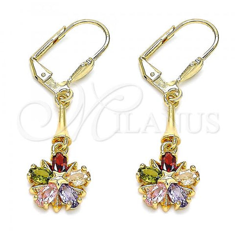 Oro Laminado Long Earring, Gold Filled Style Flower and Star Design, with Multicolor Cubic Zirconia, Polished, Golden Finish, 02.387.0051.2