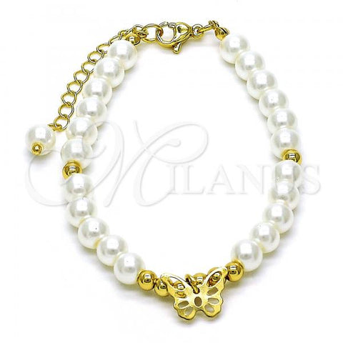 Oro Laminado Fancy Bracelet, Gold Filled Style Butterfly and Ball Design, with Ivory Pearl, Polished, Golden Finish, 03.405.0017.07