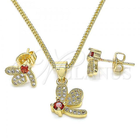 Oro Laminado Earring and Pendant Adult Set, Gold Filled Style Dragon-Fly Design, with Garnet Cubic Zirconia and White Micro Pave, Polished, Golden Finish, 10.199.0152.1