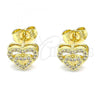 Oro Laminado Stud Earring, Gold Filled Style Heart Design, with White Micro Pave, Polished, Golden Finish, 02.156.0622