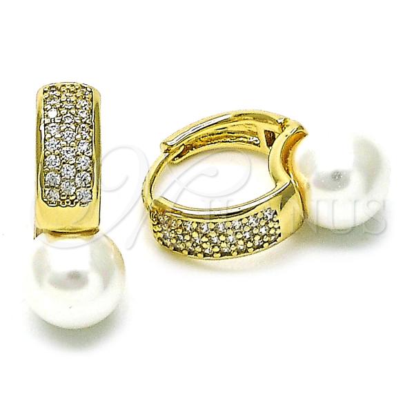 Oro Laminado Huggie Hoop, Gold Filled Style with Ivory Pearl and White Micro Pave, Polished, Golden Finish, 02.204.0003.15