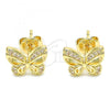 Oro Laminado Stud Earring, Gold Filled Style Butterfly Design, with White Micro Pave, Polished, Golden Finish, 02.156.0455