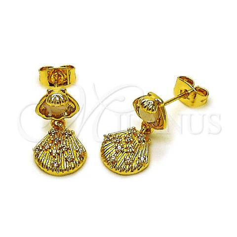 Oro Laminado Dangle Earring, Gold Filled Style Shell Design, with White Platina Opal, Diamond Cutting Finish, Golden Finish, 02.282.0047