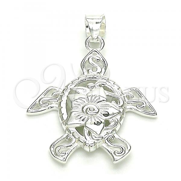 Sterling Silver Fancy Pendant, Turtle and Flower Design, Polished,, 05.398.0032