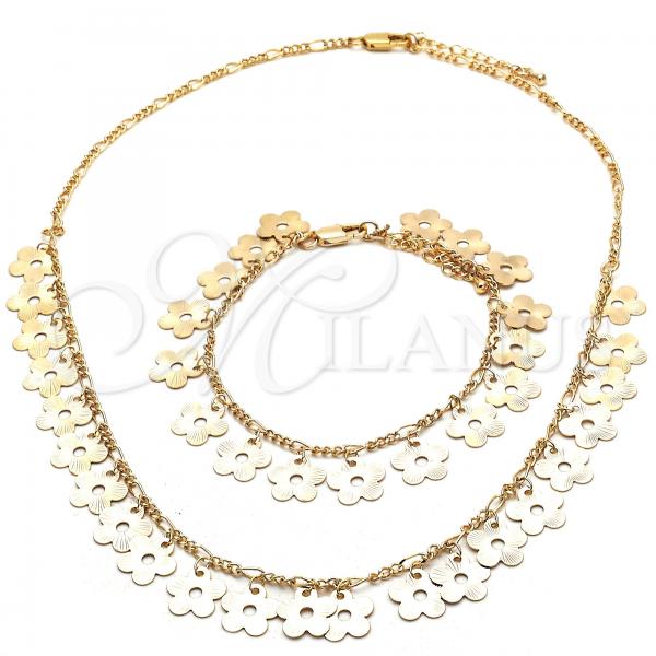 Oro Laminado Necklace and Bracelet, Gold Filled Style Flower Design, Polished, Golden Finish, 06.105.0009