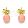 Oro Laminado Stud Earring, Gold Filled Style Ball Design, with Pink Pearl, Polished, Golden Finish, 02.63.2124.1