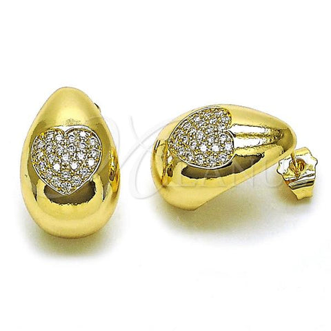 Oro Laminado Stud Earring, Gold Filled Style Teardrop and Heart Design, with White Cubic Zirconia, Polished, Golden Finish, 02.283.0208