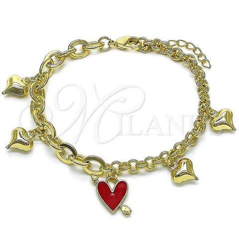 Oro Laminado Charm Bracelet, Gold Filled Style Heart Design, Red Enamel Finish, Golden Finish, 03.213.0320.1.07