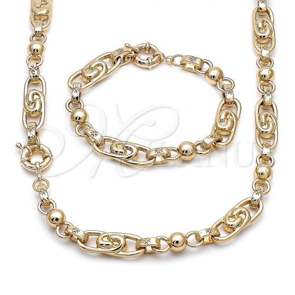 Oro Laminado Necklace and Bracelet, Gold Filled Style Ball and Heart Design, Polished, Golden Finish, 06.429.0013