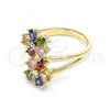 Oro Laminado Multi Stone Ring, Gold Filled Style Flower Design, with Multicolor Cubic Zirconia, Polished, Golden Finish, 01.210.0146.08