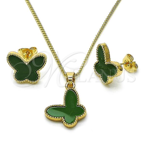 Oro Laminado Earring and Pendant Adult Set, Gold Filled Style Butterfly Design, with Green Mother of Pearl, Polished, Golden Finish, 10.283.0020.3