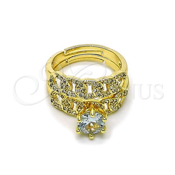 Oro Laminado Wedding Ring, Gold Filled Style Cluster and Miami Cuban Design, with White Cubic Zirconia and White Micro Pave, Polished, Golden Finish, 01.284.0094