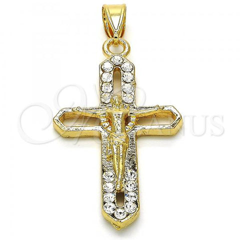 Oro Laminado Religious Pendant, Gold Filled Style Crucifix Design, with White Crystal, Polished, Golden Finish, 05.253.0056