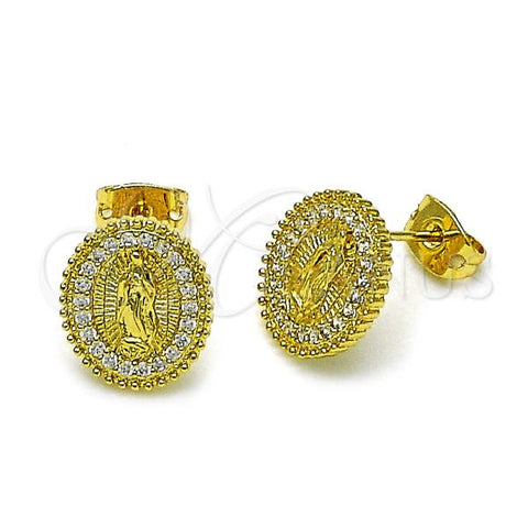 Oro Laminado Stud Earring, Gold Filled Style Guadalupe Design, with White Micro Pave, Diamond Cutting Finish, Golden Finish, 02.210.0844